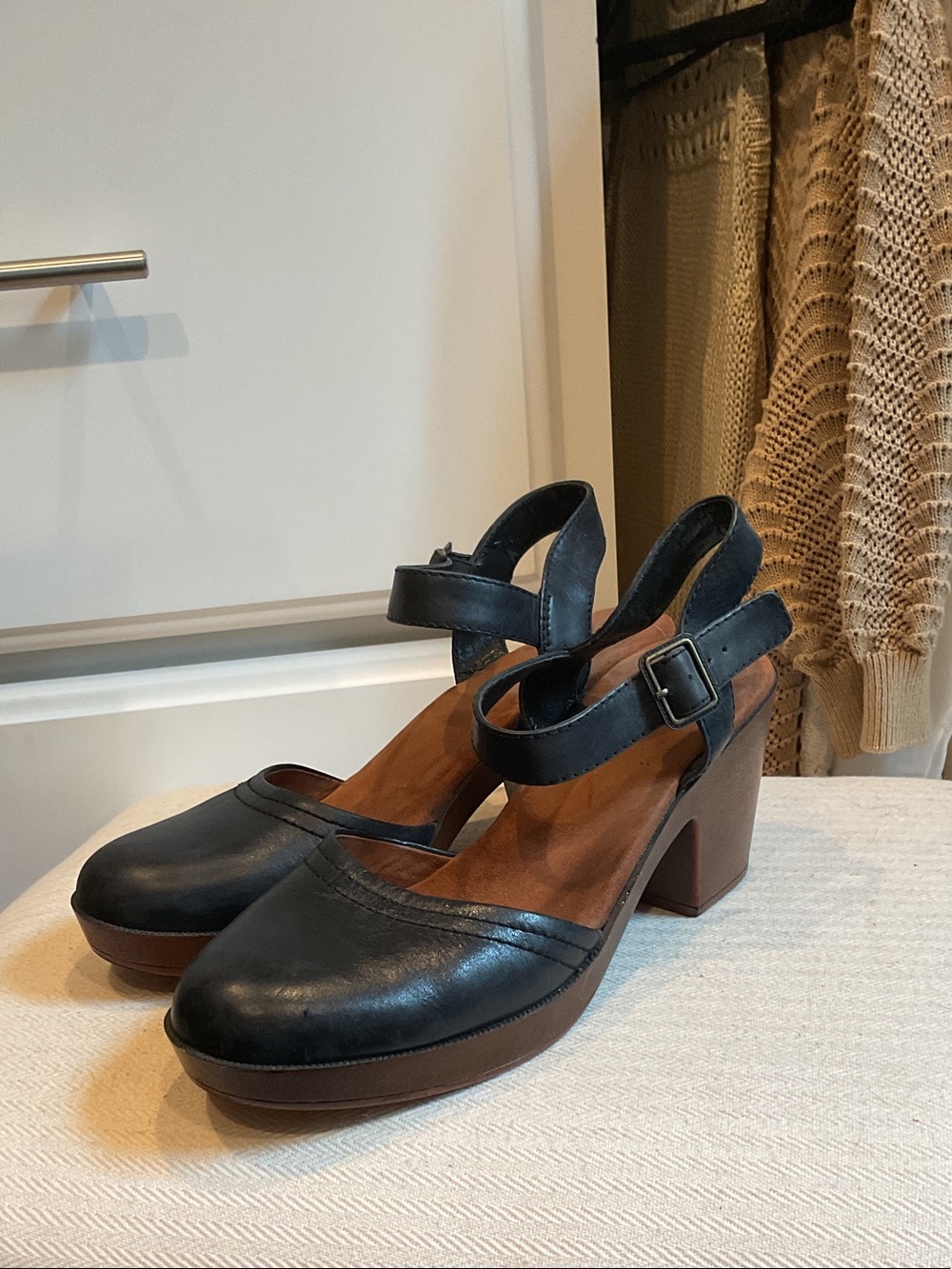 Easy Spirit Black Leather Ankle-Strap Block Heels with Brown Platform